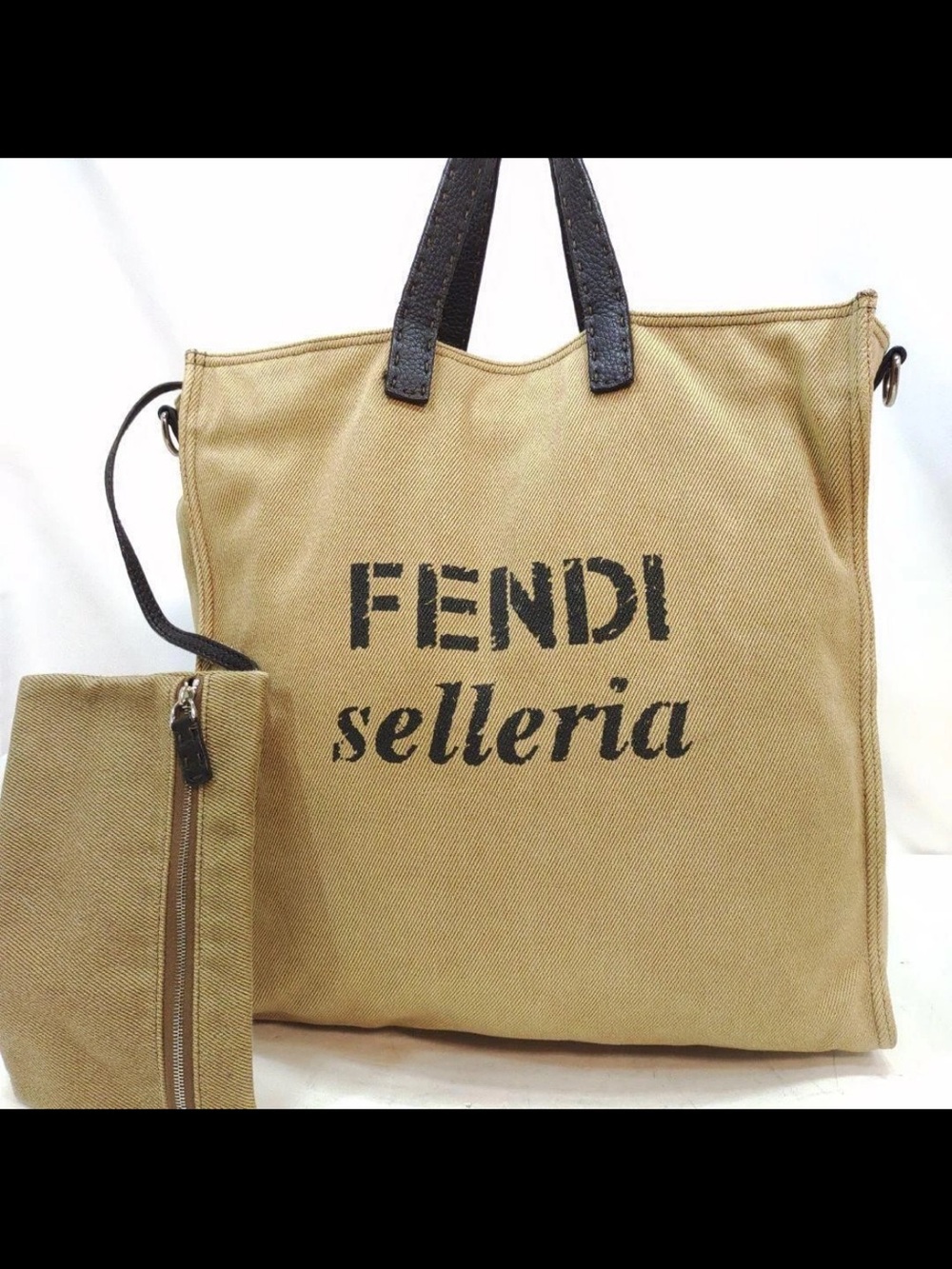 Fendi Tan Canvas Selleria Tote with Black Handles